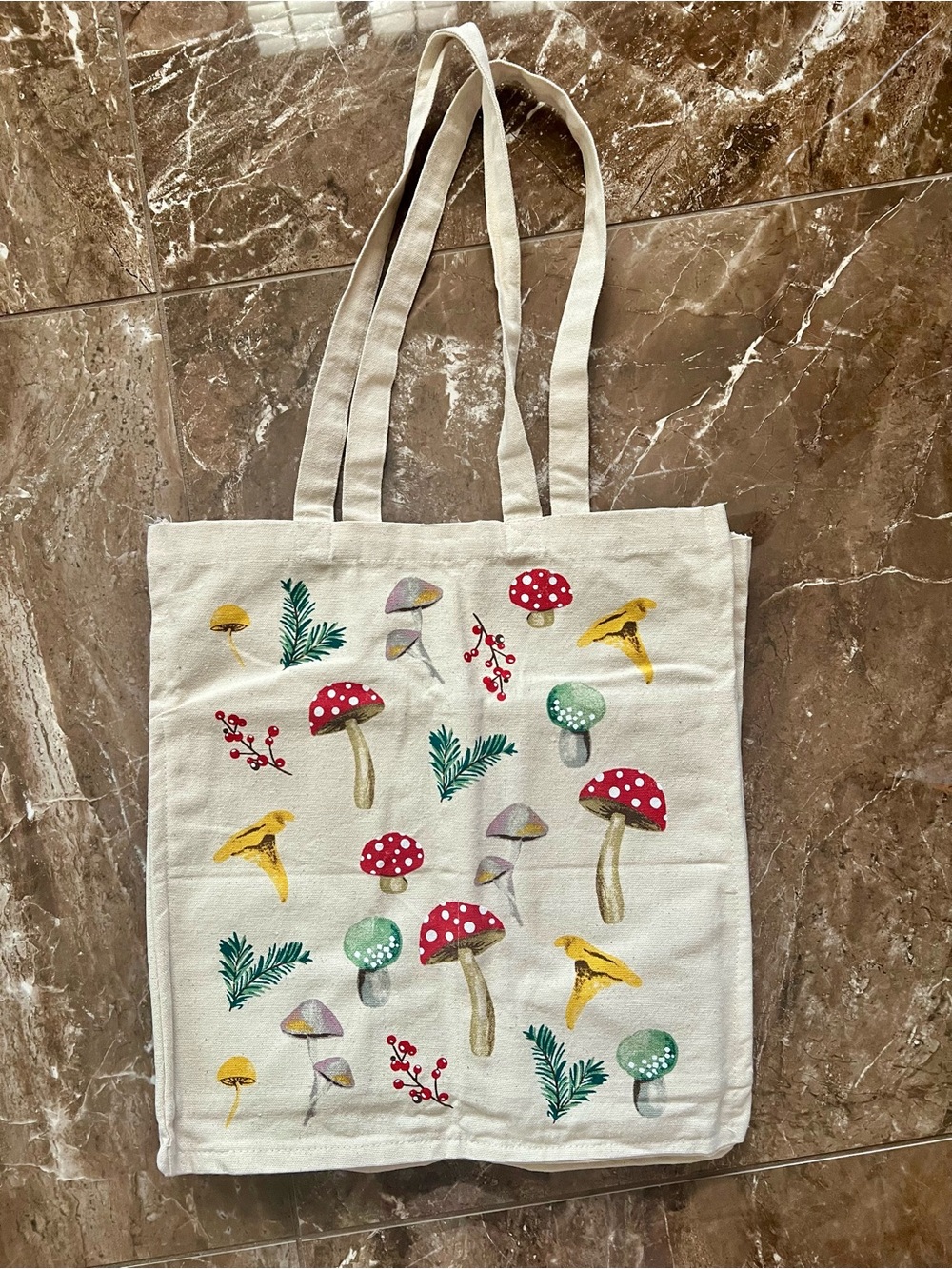 Canvas Mushroom Print Tote Bag in Cream